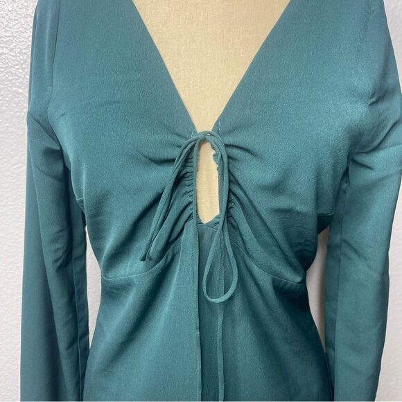 Abercrombie & Fitch XS Tall Long-Sleeve Front Tie Mini Dress Dark Teal - Picture 3 of 8